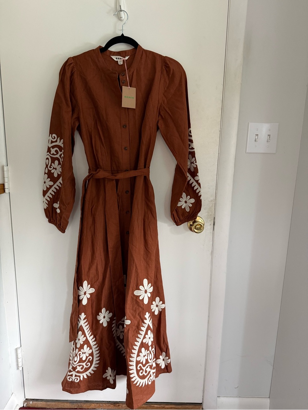 Boden Rust Midi Dress with White Floral Embroidery